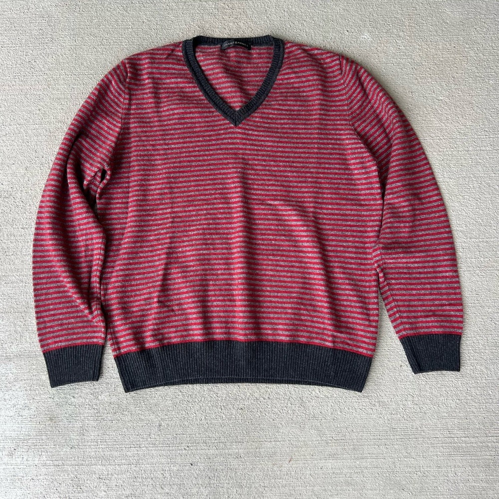 Jhane Barnes Men's V-Neck Sweater Red Gray Stripe 50% Cashmere Silk Blend Size L